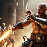 ** A fierce warrior skillfully executing a close-range combo attack. Depict dynamic movement and powerful strikes, showcasing the warrior's mastery of melee combat skills. Focus on energy and action.

**