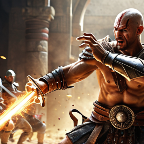 ** A fierce warrior skillfully executing a close-range combo attack. Depict dynamic movement and powerful strikes, showcasing the warrior's mastery of melee combat skills. Focus on energy and action.

**