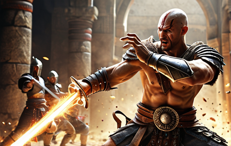** A fierce warrior skillfully executing a close-range combo attack. Depict dynamic movement and powerful strikes, showcasing the warrior's mastery of melee combat skills. Focus on energy and action.

**